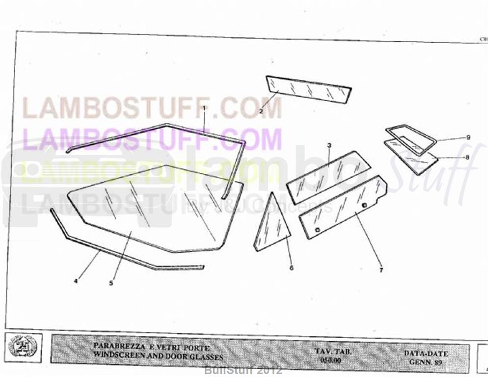 1989 Lamborghini Countach 25th USA Windshield and Door Glass (050.00)
