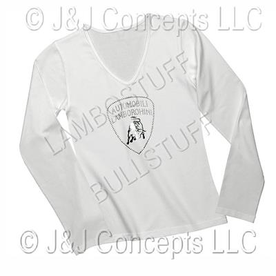 Ladies White Strass Rhinestone V Neck Long Sleeve Shirt size Large -50% OFF