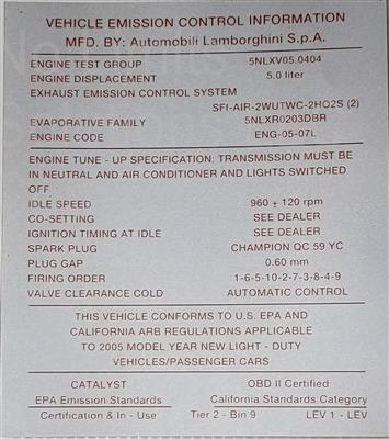 TECHNICAL DATA PLATE FOR ENGINE